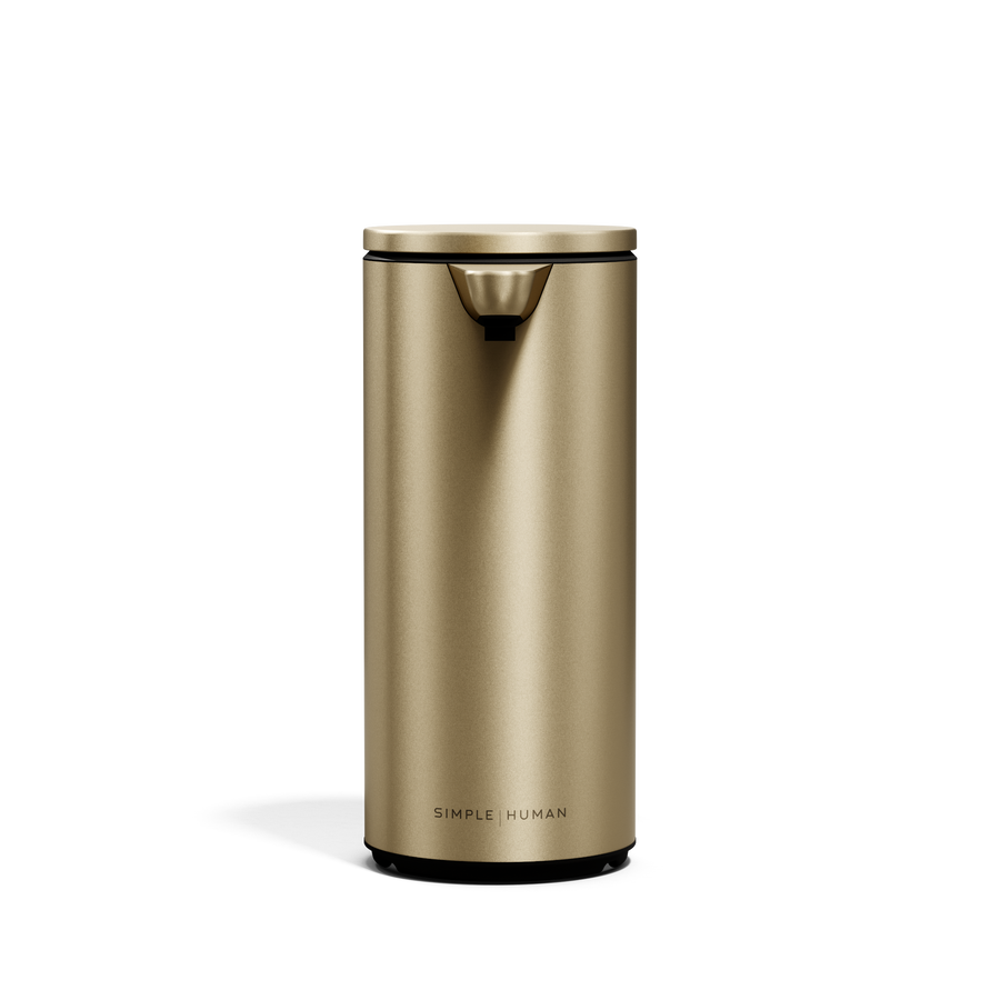 Centered front view of Simplehuman 9 oz. Rechargeable Sensor Pump in Brass, touch-free dispenser.