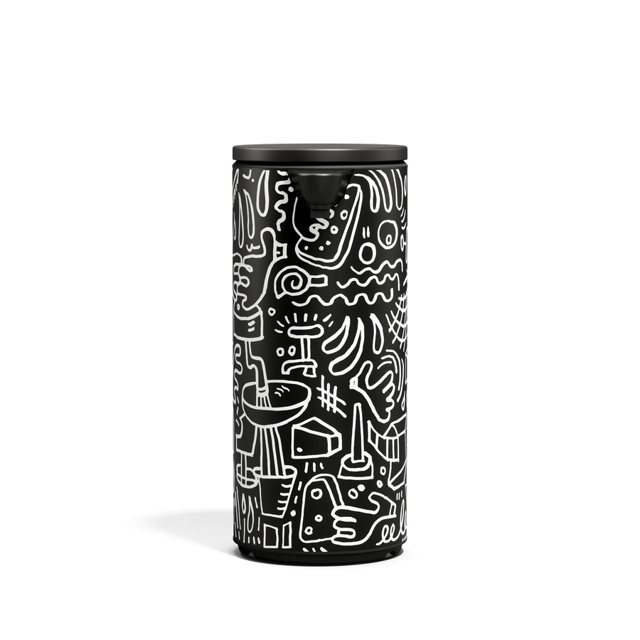 Simplehuman 9 oz. Rechargeable Sensor Pump, Black Doodle Graphic finish, touch-free dispenser.