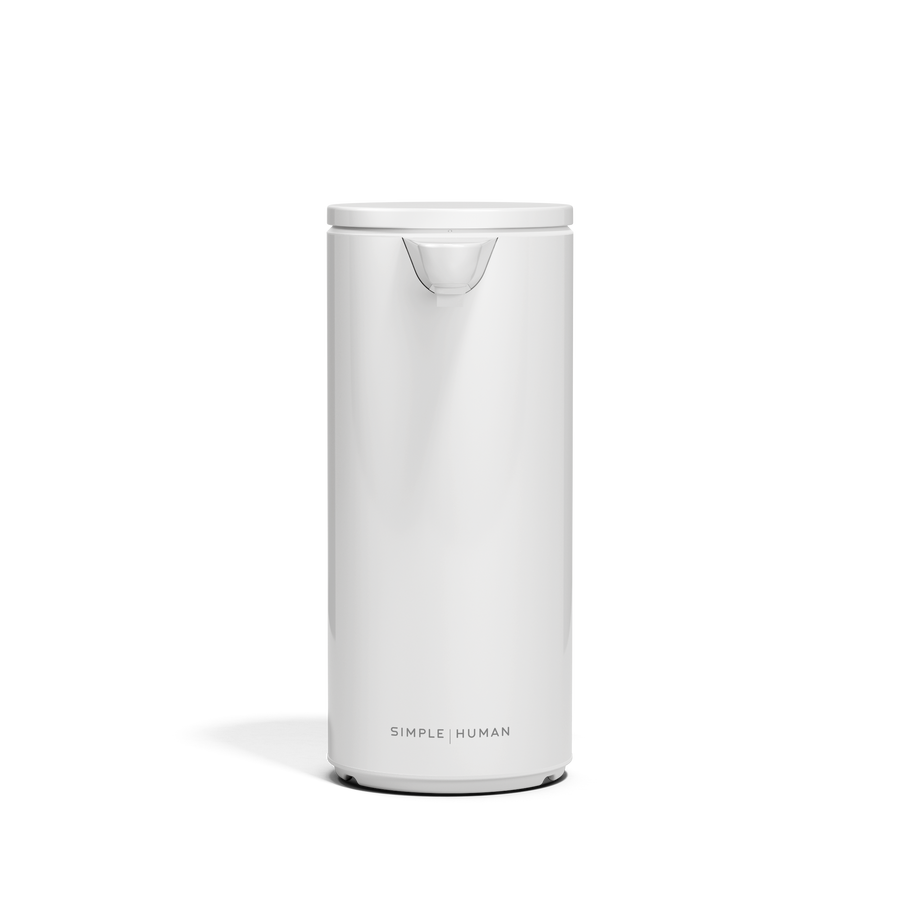 Front view of Simplehuman 9 oz. Rechargeable Sensor Pump in White, touch-free operation.
