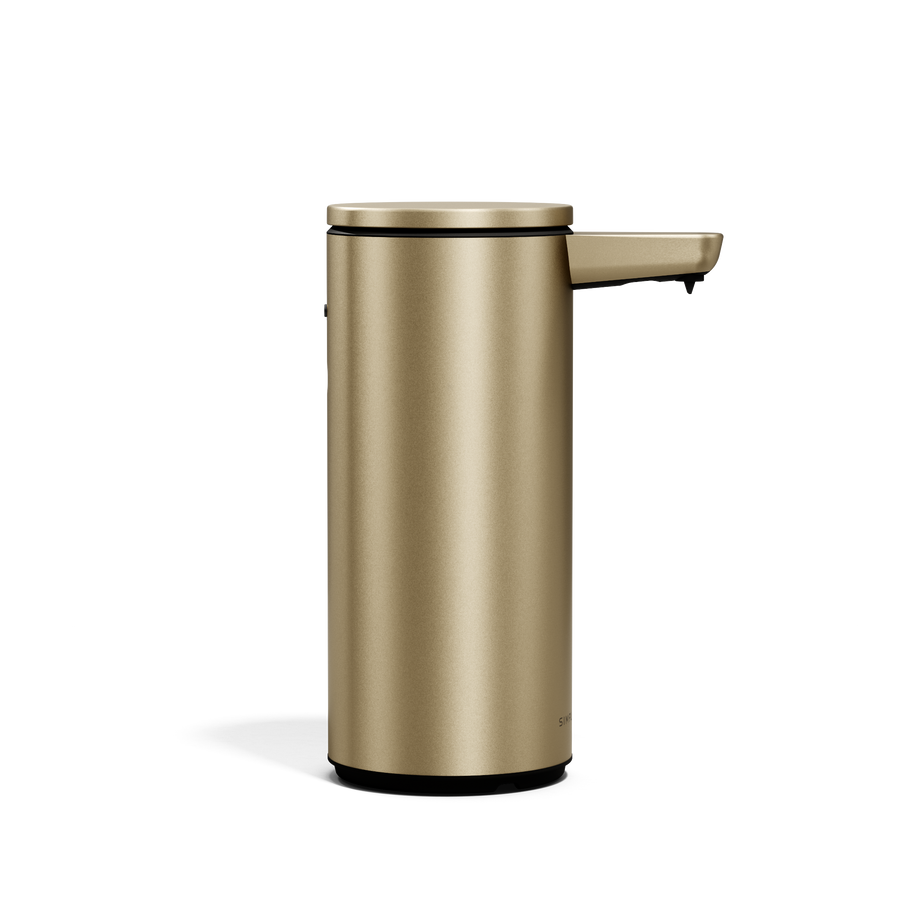 Simplehuman 9 oz. Rechargeable Sensor Pump in Brass, profile view highlighting the touch-free spout.