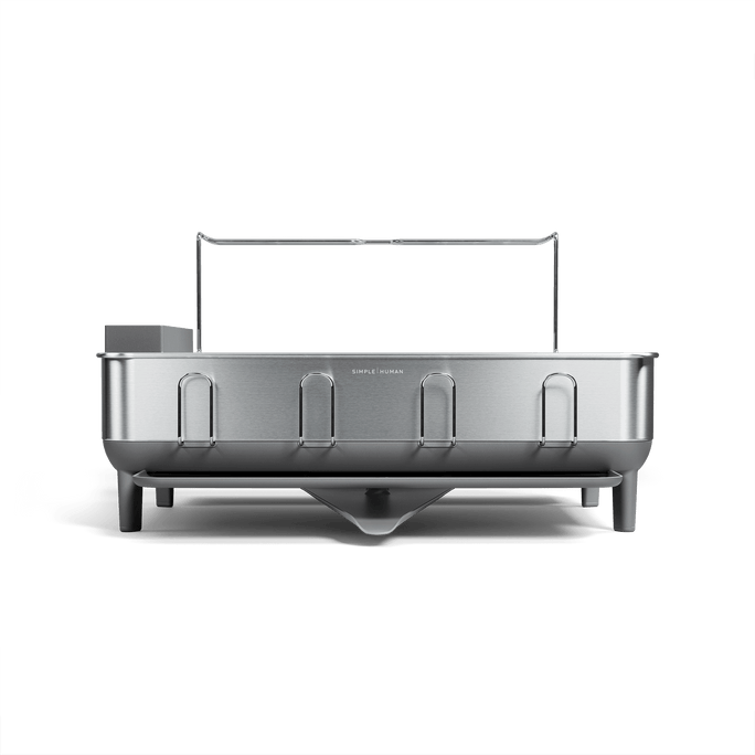 Simplehuman Brushed Stainless Steel Steel Frame Dishrack, showing cup holders and center pivot drainage spout.