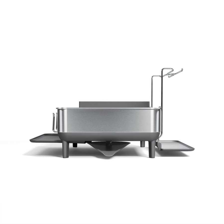 Simplehuman Brushed Stainless Steel Steel Frame Dishrack, side view showing pivoting spout and integrated cup holders.