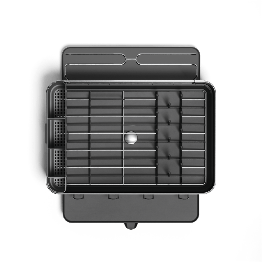 Top view of Simplehuman Brushed Stainless Steel Steel Frame Dishrack showing modular layout, central drain plug, and utensil caddy area.