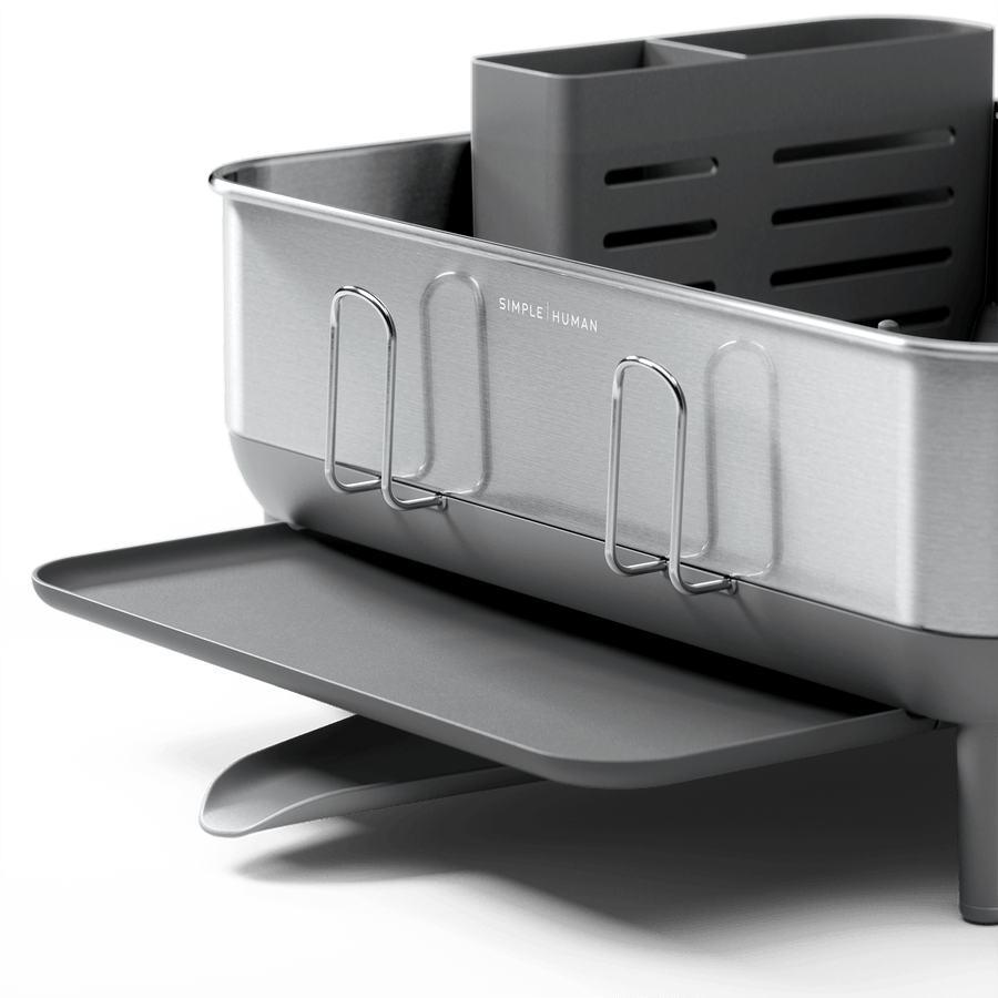 Detail view of Simplehuman Compact Steel Frame Dishrack in Brushed Stainless Steel, showing adjustable drainage and cup racks.