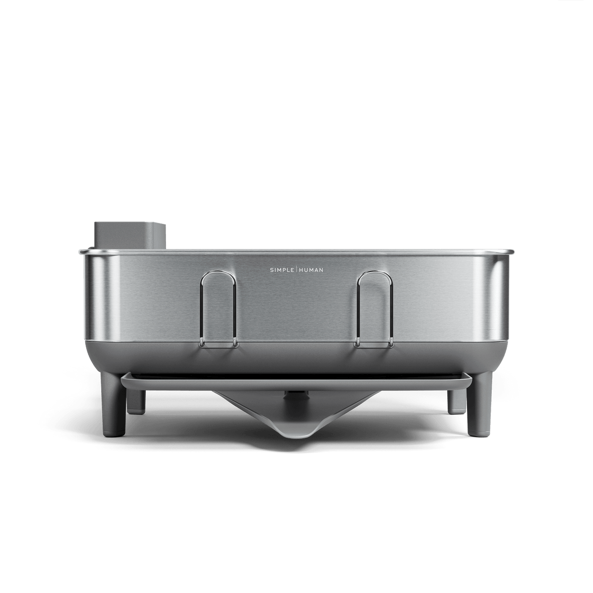 Simplehuman Brushed Stainless Steel Frame Dishrack, Front view showing base and pivoting drainage spout.