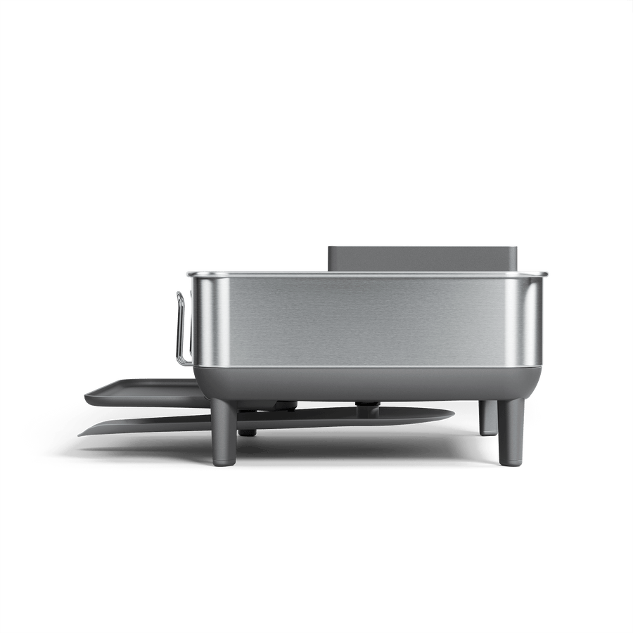 Simplehuman Compact Steel Frame Dishrack, Brushed Stainless Steel, profile view showing elevated design and cup rack attachment.