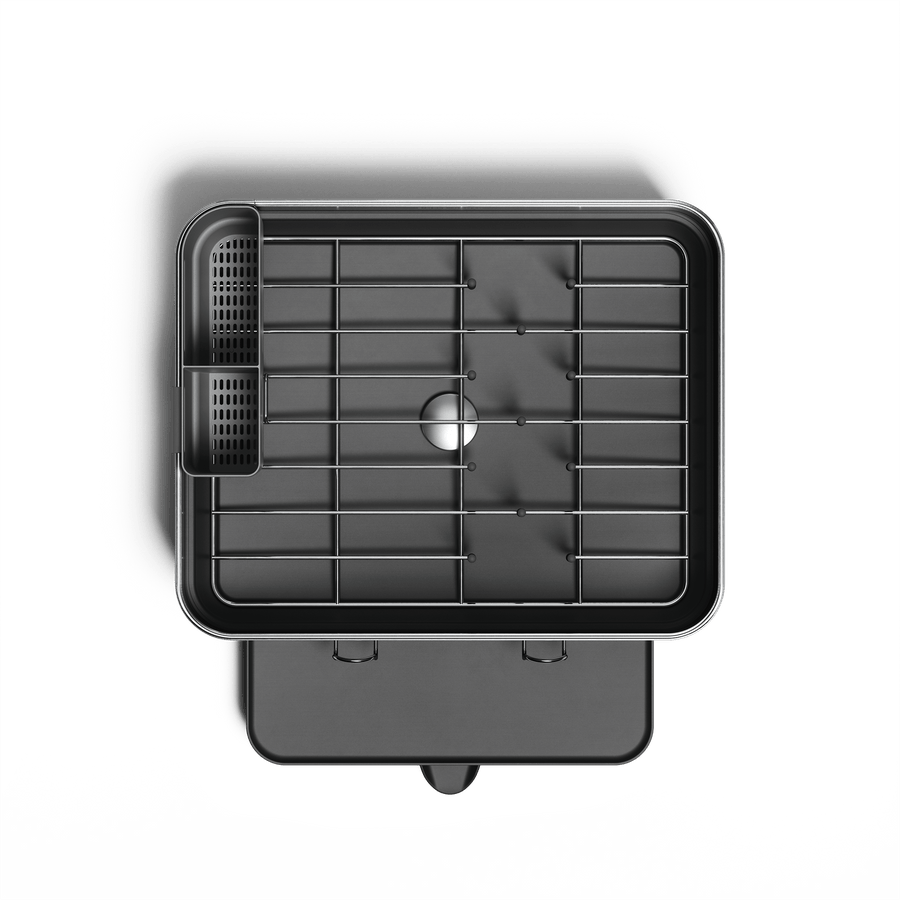 Simplehuman Compact Steel Frame Dishrack, Brushed Stainless Steel, overhead view showing removable caddy.