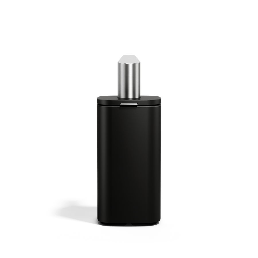 Front view of Simplehuman 10 oz. Pulse Pump in Matte Black showing the polished steel spout and easy-access refill lid.