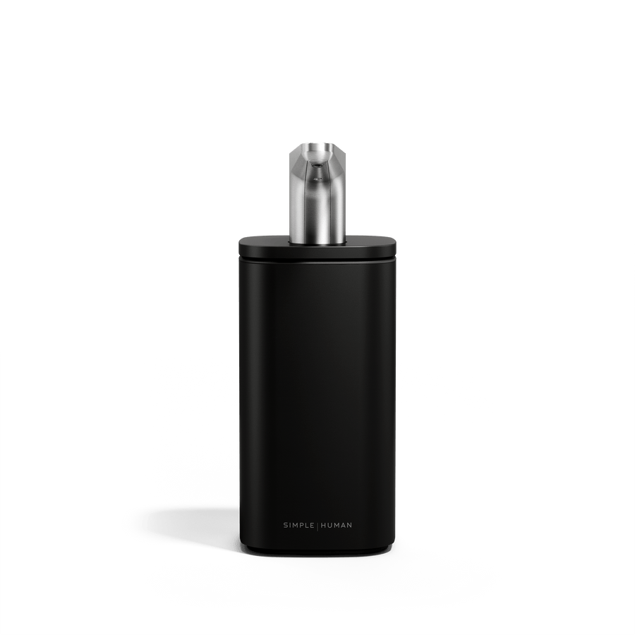 Simplehuman 10 oz. Pulse Pump in Matte Black with polished spout, featuring a square design for precise dispensing.
