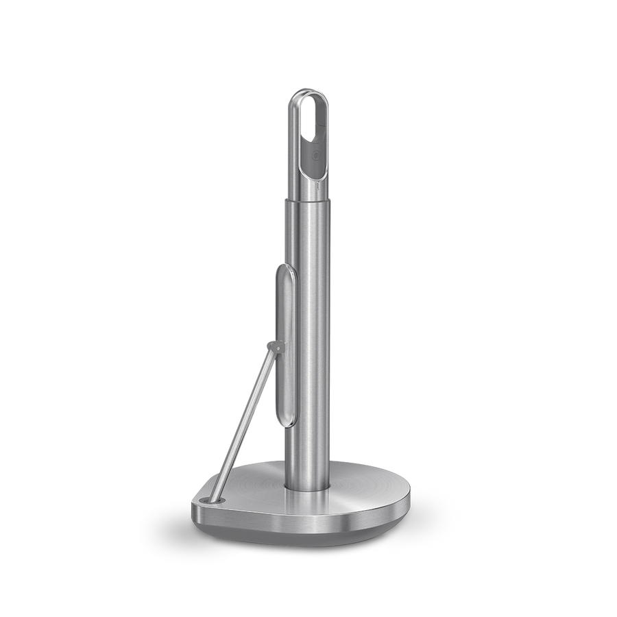 Angled view of Simplehuman Brushed Stainless Steel Paper Towel Holder, showing quick-tear spring arm and spray handle