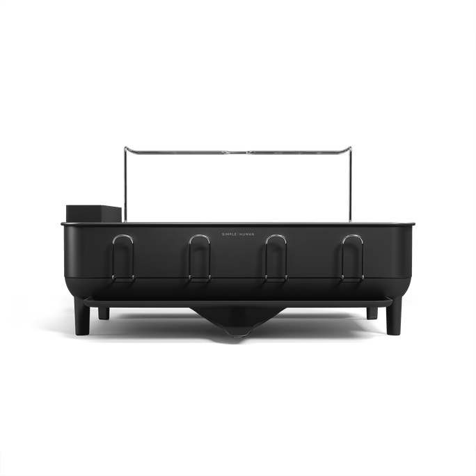 Simplehuman Matte Black Steel Frame Dishrack, front view with integrated cup holders and central drain spout.