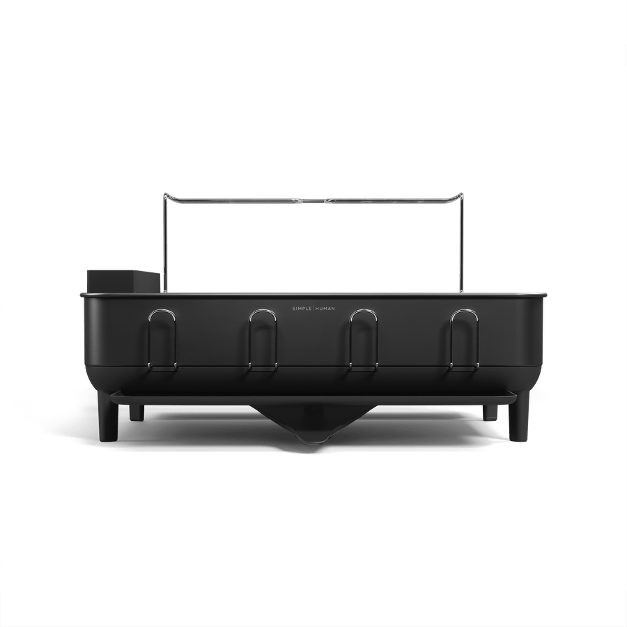 Simplehuman Matte Black Steel Frame Dishrack, front view with integrated cup holders and central drain spout.