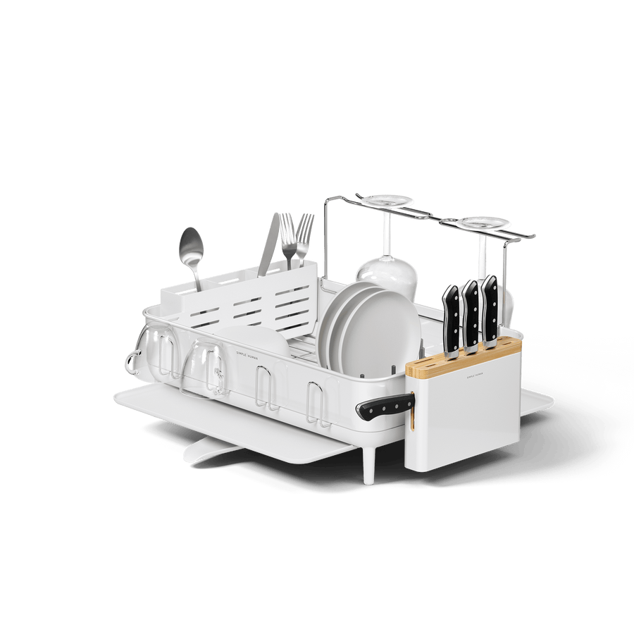 Simplehuman White Steel Frame Dishrack, angled studio view displaying knife block insert, cup hooks, and wine glass rack.