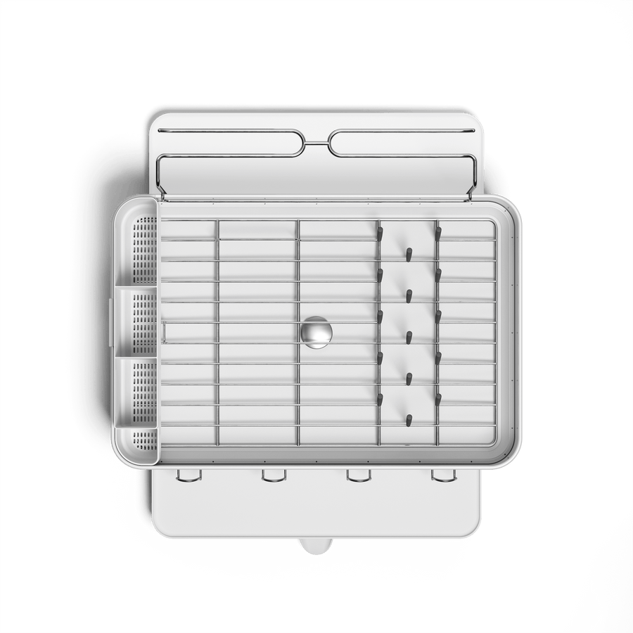 Simplehuman White Steel Frame Dishrack, top view showing central drain, wire rack, and removable utensil caddy.