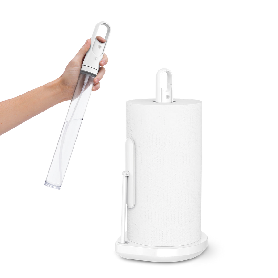 Simplehuman White Paper Towel Holder, hand removing clear spray handle, 2-in-1 quick cleaning solution.