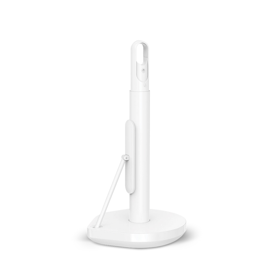 Simplehuman White Paper Towel Holder, Side view showing quick-tear arm and integrated spray holder.