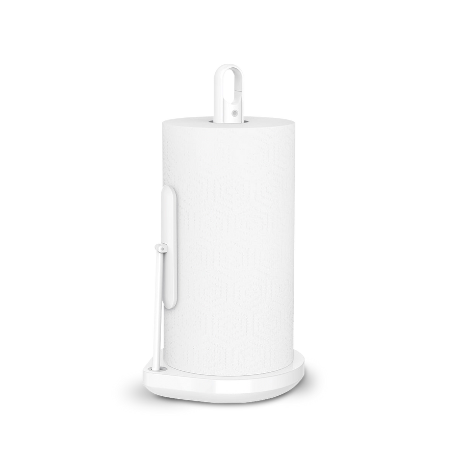 Angled view of Simplehuman White Paper Towel Holder, showing quick-tear arm and removable spray handle.