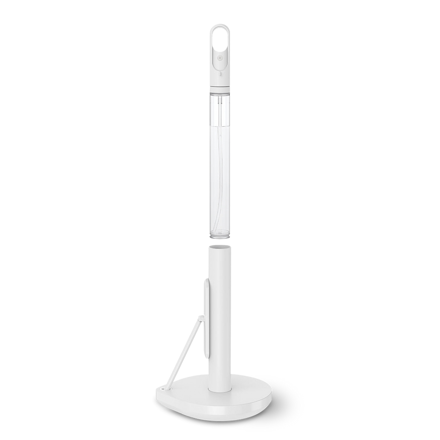 Front view of Simplehuman White Paper Towel Holder with removable spray bottle detached, 2-in-1 design.