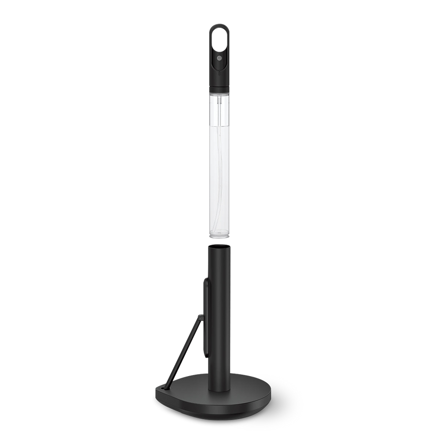 Front view of Simplehuman Matte Black Paper Towel Holder, showing spray bottle stored in post for 2-in-1 use.