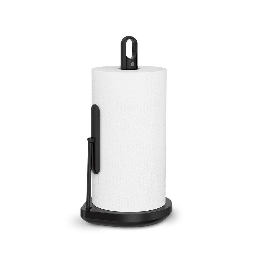 Simplehuman Matte Black Paper Towel Holder with Spray, quick-tear arm and removable spray handle.