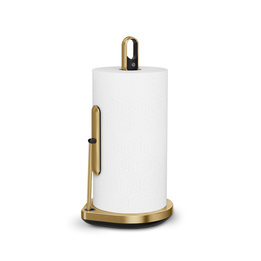 Simplehuman Brass Paper Towel Holder with Spray, 2-in-1 design with quick-tear arm.