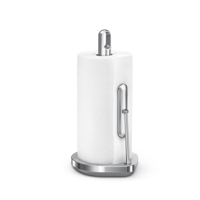 Simplehuman Tension Arm Paper Towel Holder in Polished Stainless Steel, features one-handed tear mechanism.