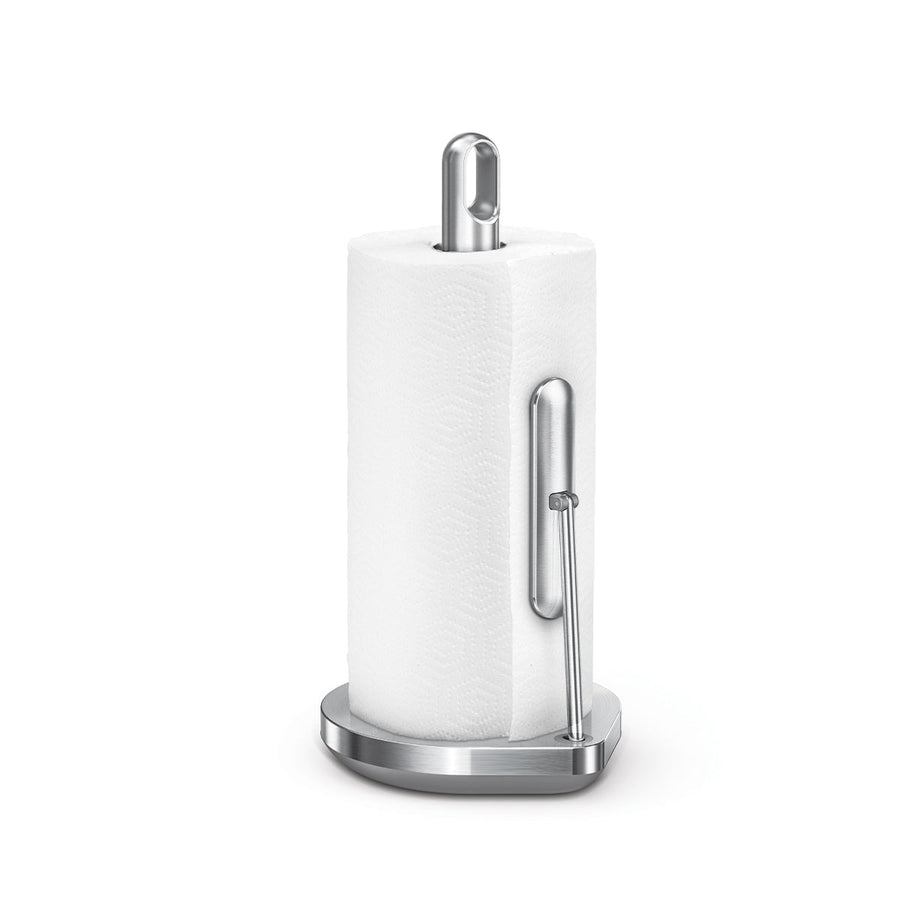 Simplehuman Tension Arm Paper Towel Holder in Polished Stainless Steel, features one-handed tear mechanism.