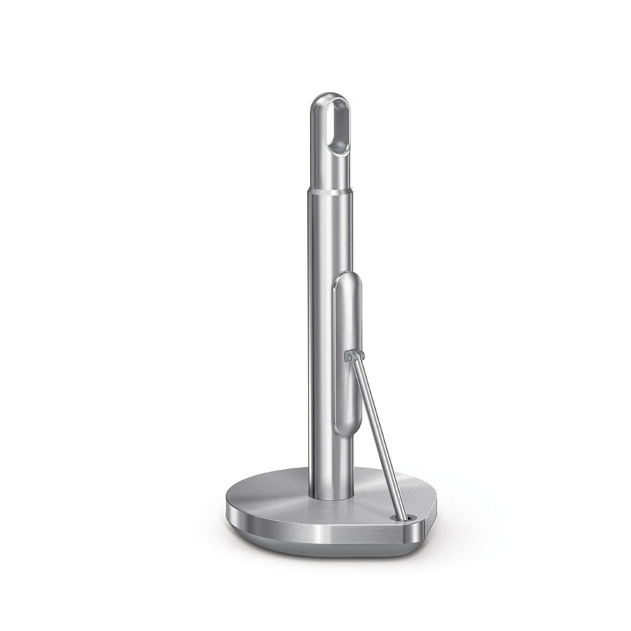 Simplehuman Tension Arm Paper Towel Holder in Brushed Stainless Steel, secure base for easy tearing.