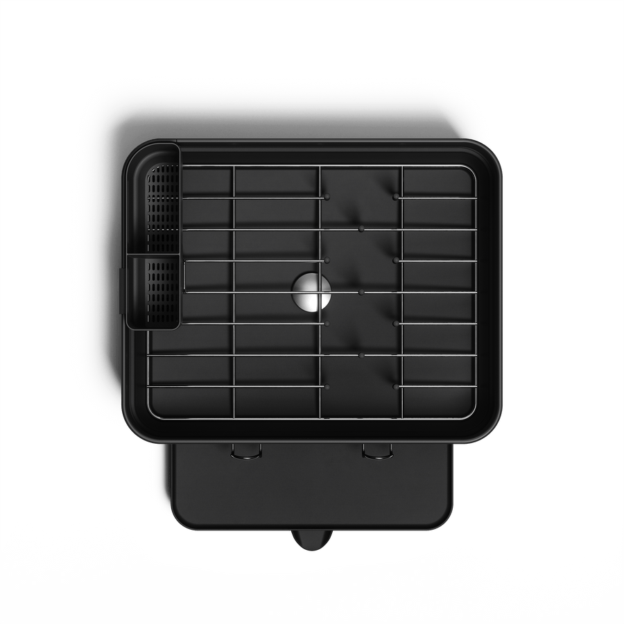 Simplehuman Compact Steel Frame Dishrack, Matte Black, top-down view showing steel rack and integrated utensil caddy.
