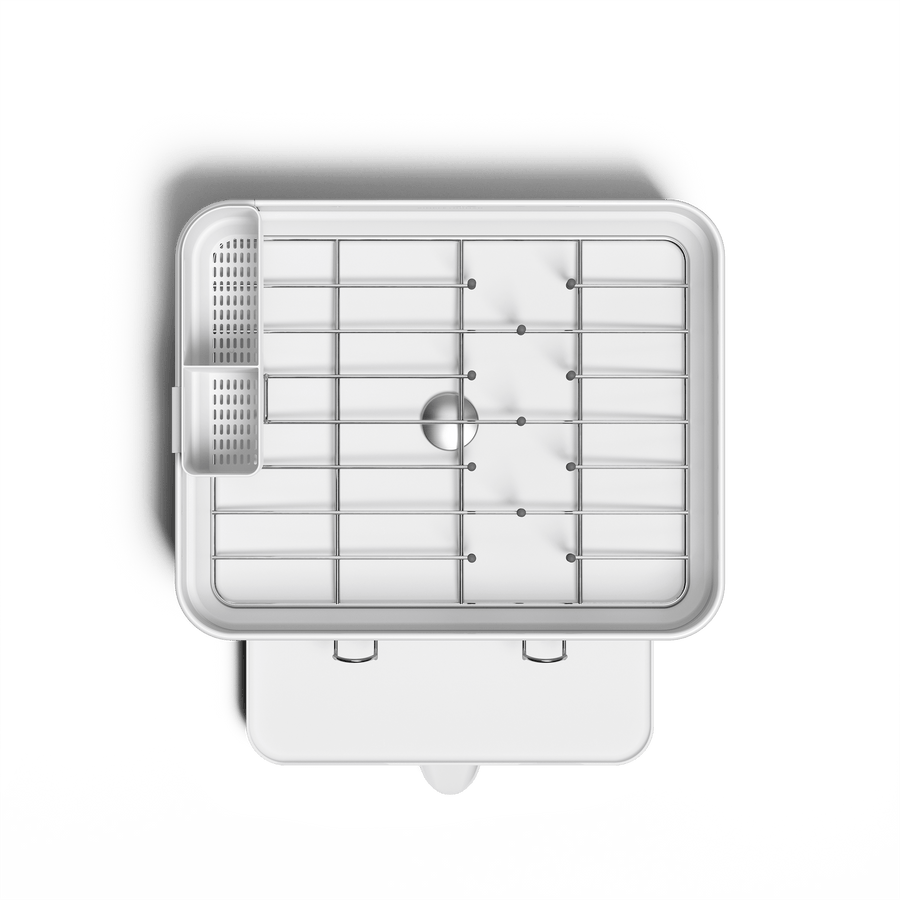 Simplehuman Compact Steel Frame Dishrack, White, overhead view showing steel rack and removable caddy.