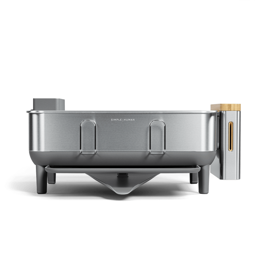 Front view of Simplehuman Brushed Stainless Steel Knife Block showing utensil hooks and removable caddy with bamboo lid.