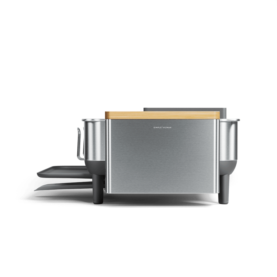 Simplehuman Brushed Stainless Steel Knife Block with Bamboo top, removable utensil caddies, and drip trays.