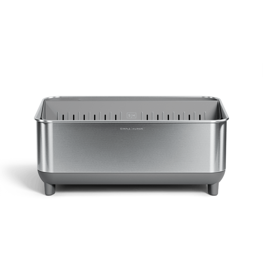 Front view of Simplehuman Brushed stainless steel Bottle Dock with gray base.