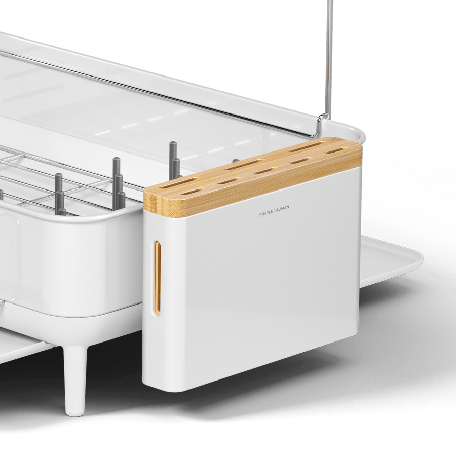 Simplehuman White Knife Block with Bamboo top, detail view showing tight integration with dish rack and brass drip tray window.