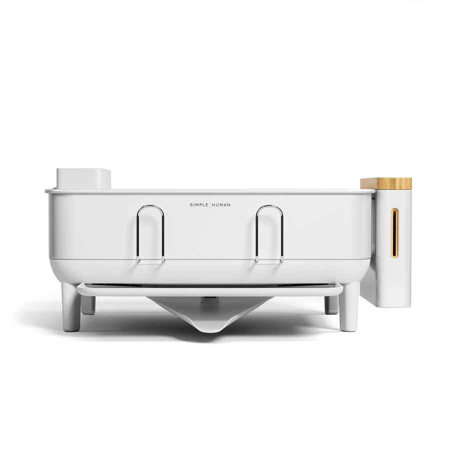 Simplehuman White Knife Block, Studio Front View showing utensil hooks, removable caddy (Bamboo top), and base drip funnel.