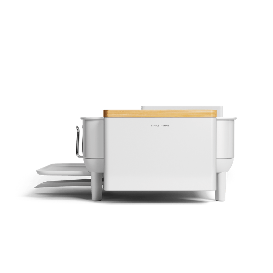 Front view of Simplehuman White Knife Block with Bamboo top, showing logo and attached utensil caddies/drip tray.