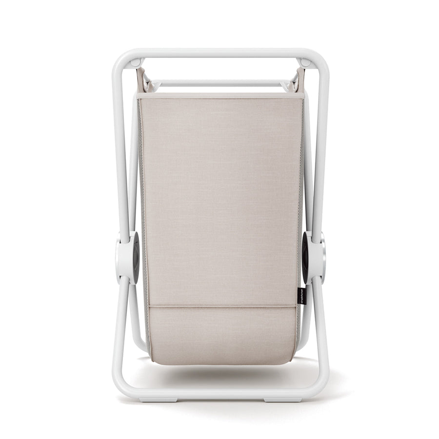 End view of Simplehuman Single X-Frame Hamper, White, showing narrow, space-saving profile and removable beige liner.