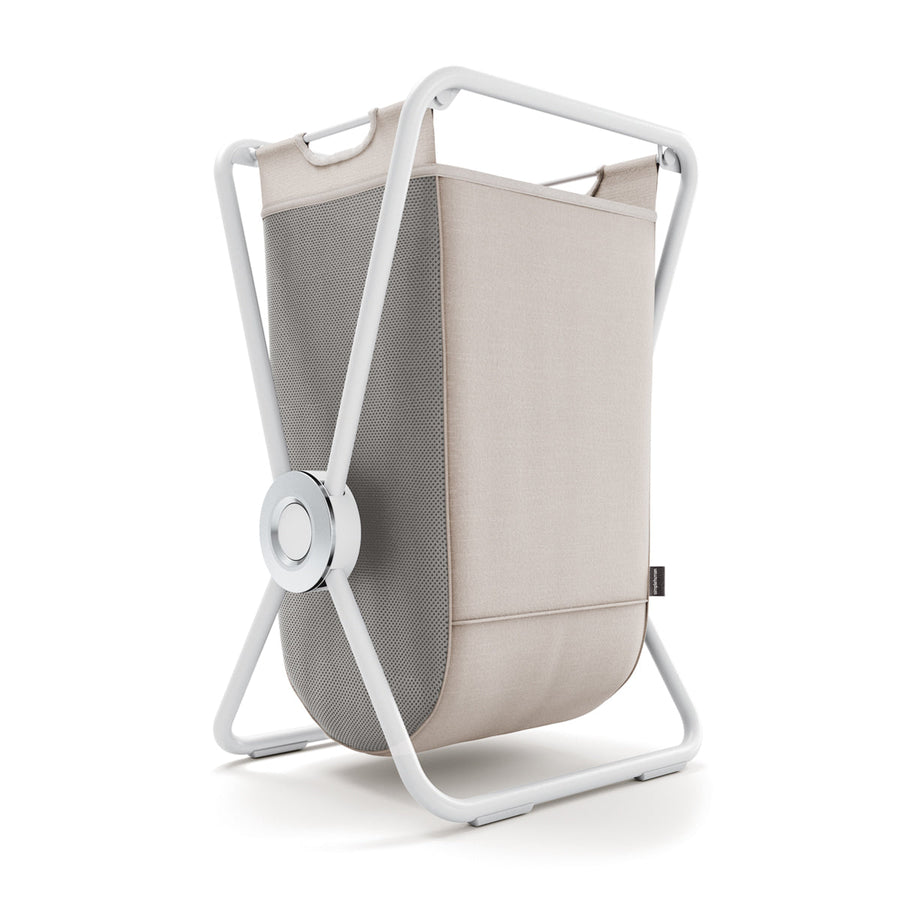 Simplehuman Single X-Frame Hamper, White frame, removable beige liner with breathable mesh.