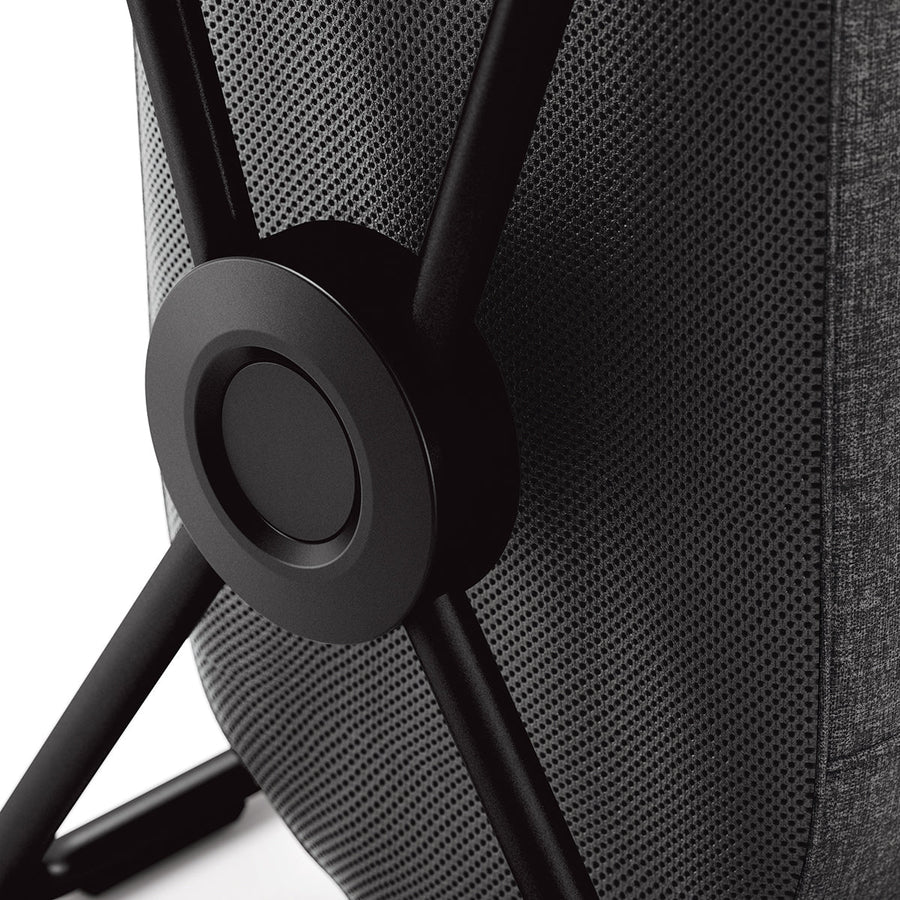 Detail view of Simplehuman Single X-Frame Hamper, Matte Black frame joint and breathable dark gray mesh liner.