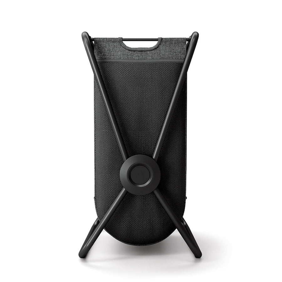 Back view of Simplehuman Double X-Frame Hamper, Black frame structure and removable liner carry handle.