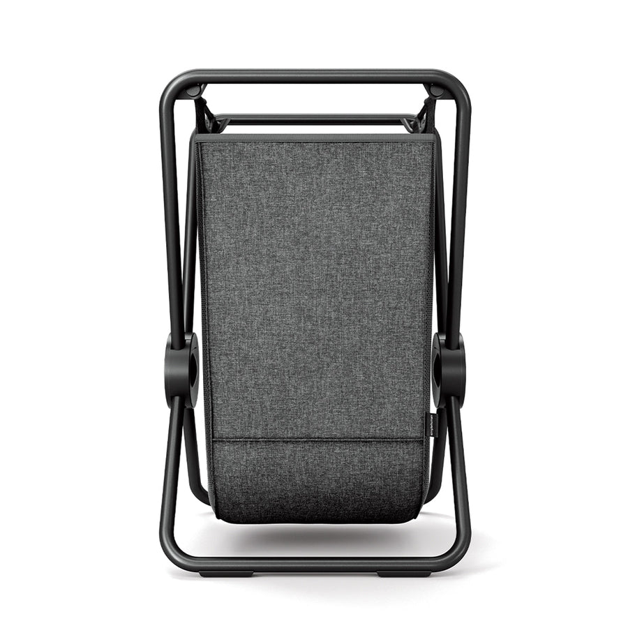 End view of Simplehuman Single X-Frame Hamper, Matte Black, removable dark gray liner, space-saving narrow profile.
