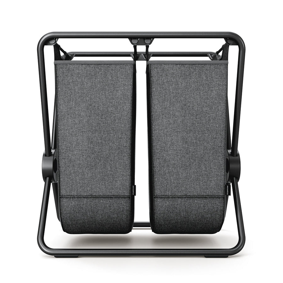 Direct view of Simplehuman Double X-Frame Hamper, Matte Black frame, dual dark gray removable fabric liners for sorting.
