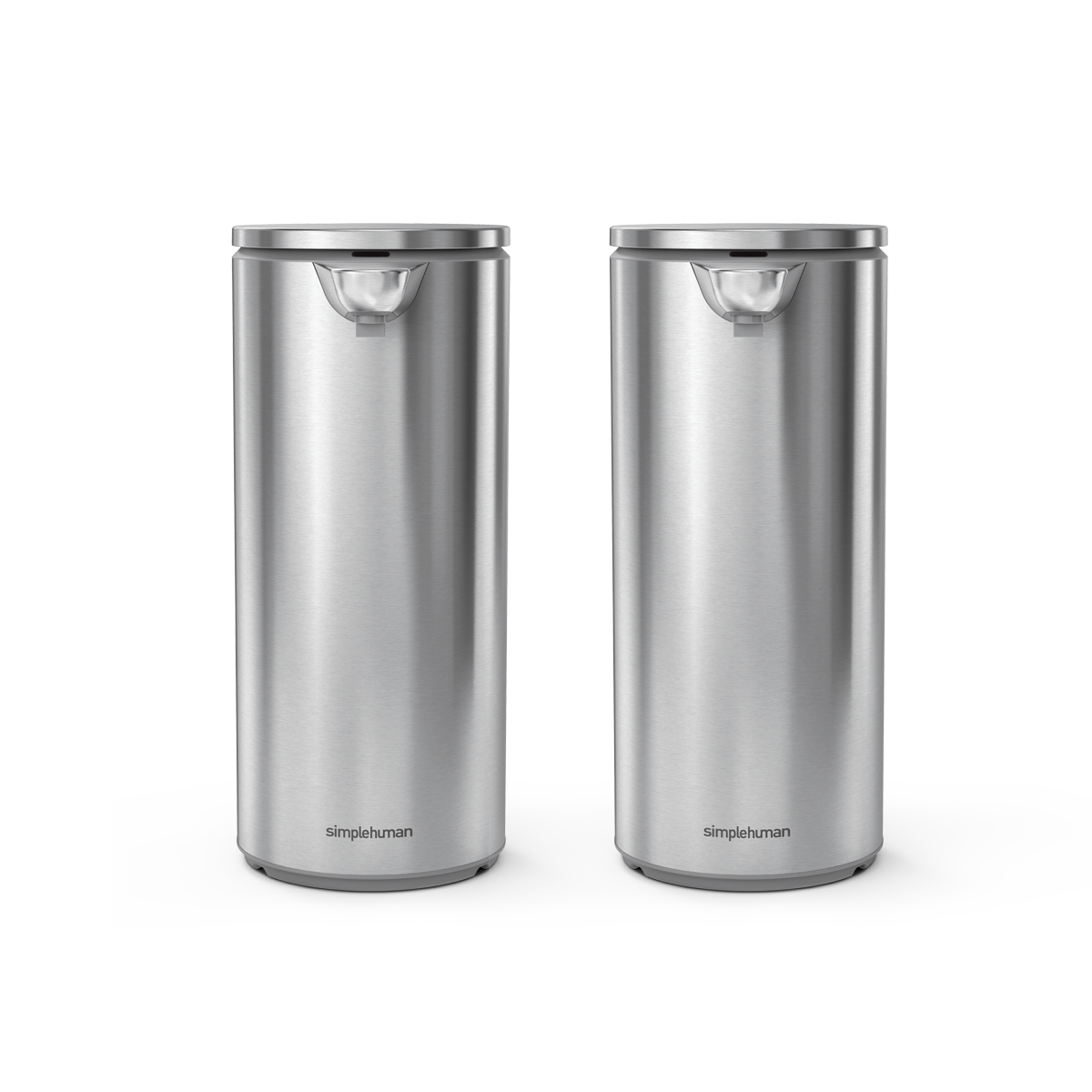 Front view of Simplehuman Set of Two Liquid Sensor Pumps in Brushed Stainless Steel, hands-free operation.