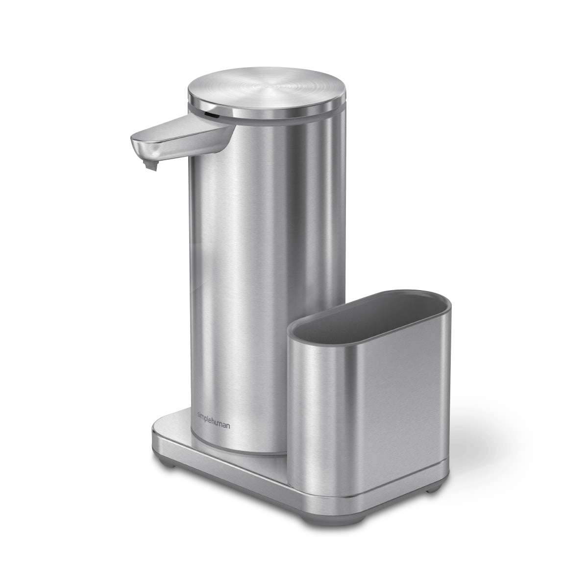 Angled view of Simplehuman Liquid Sensor Pump and Caddy in Brushed Stainless Steel, touch-free dispensing.