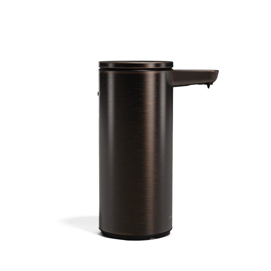 Simplehuman 9 oz. Rechargeable Sensor Pump in Dark Bronze, cylindrical design, touch-free adjustable dispensing.