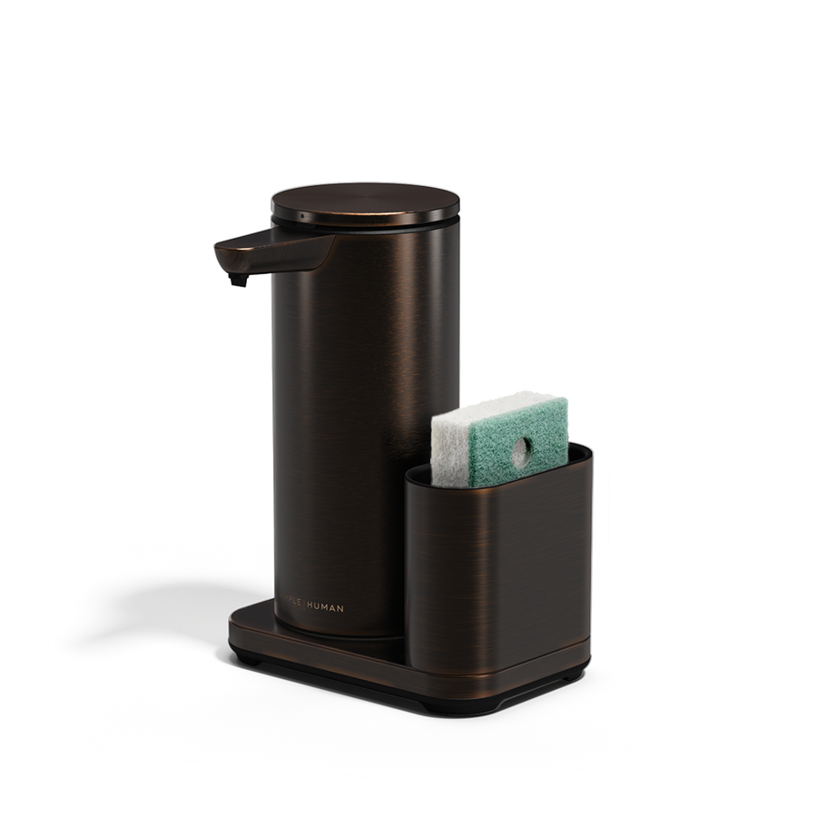 Angled view: Simplehuman Brushed Bronze 14 oz Sensor Pump + Caddy, touch-free, rechargeable, space-saving design.