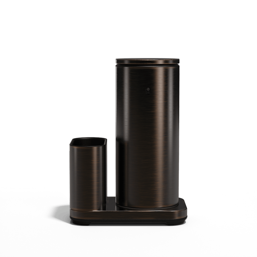 Studio front view: Simplehuman Brushed Bronze 14 oz Sensor Pump + Caddy, rechargeable touch-free design.