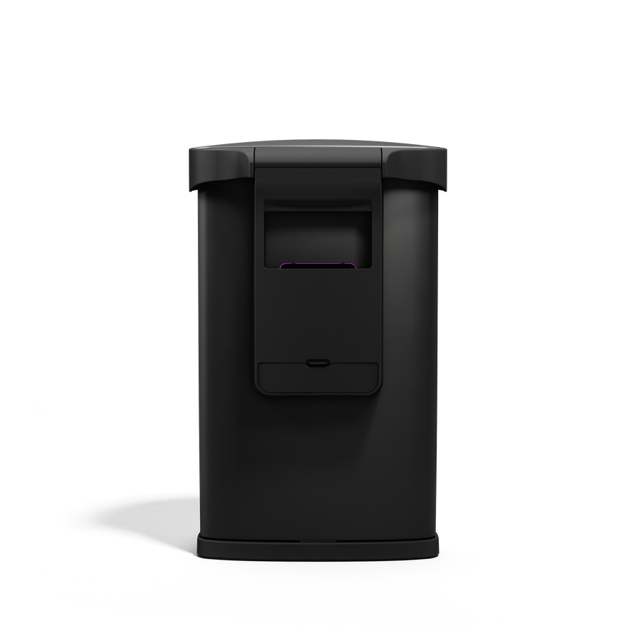 Back view of Simplehuman 45L Semi-Round Sensor Can, Matte Black, showing built-in liner pocket storage.