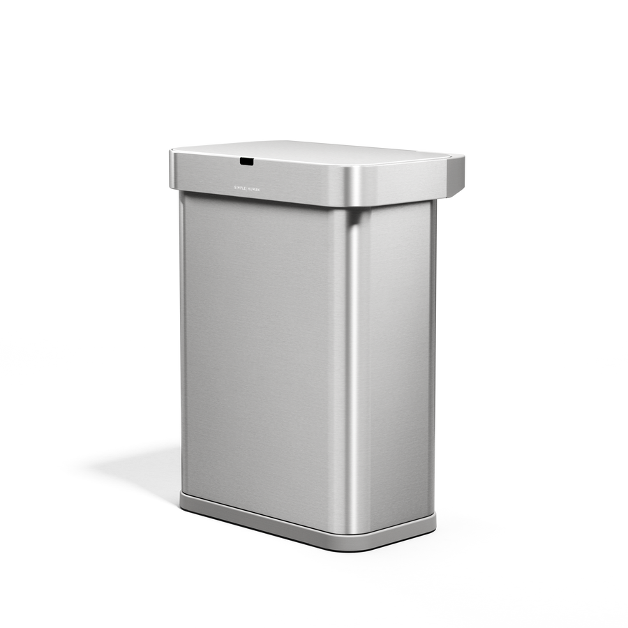 Angled view of Simplehuman 58L Rectangular Sensor Can in Brushed Stainless Steel, touch-free operation.