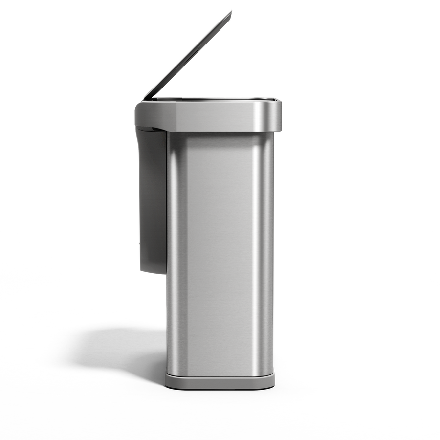 Side view of Simplehuman 58L Rectangular Sensor Can in Brushed Stainless Steel with touch-free lid open.